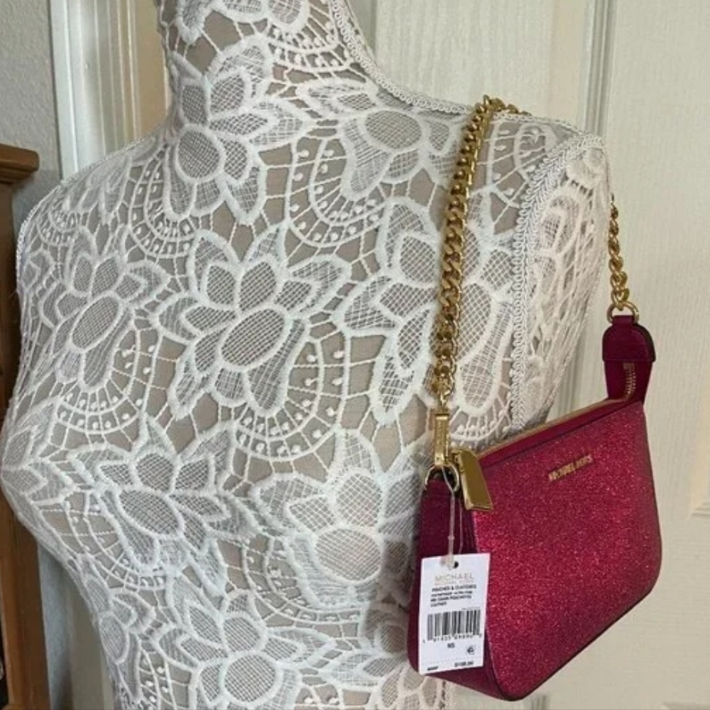 NEW Michael Kors Fuchsia Glitter Mini Chain Shoulder Bag